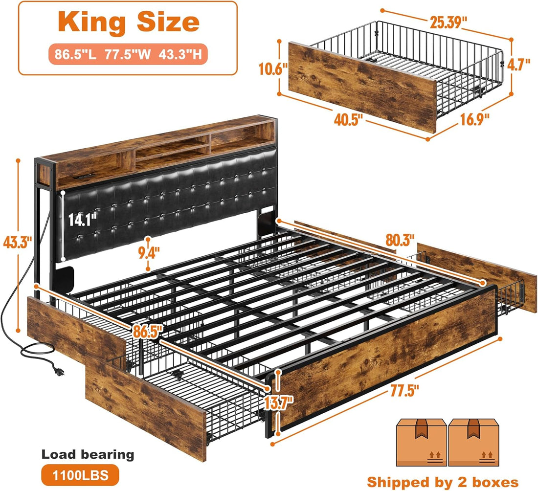 EnHomee King Size Bed Frame with 4 Storage Drawers King Bed Frame and Headboard Upholstered Charging Station,No Noise,No Box Spring Needed,Vintage Brown