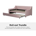 Twin upholstery daybed in mid-century style with diamond-tufted backrest and sturdy wooden legs. Features a pull-out trundle for extra sleeping space.