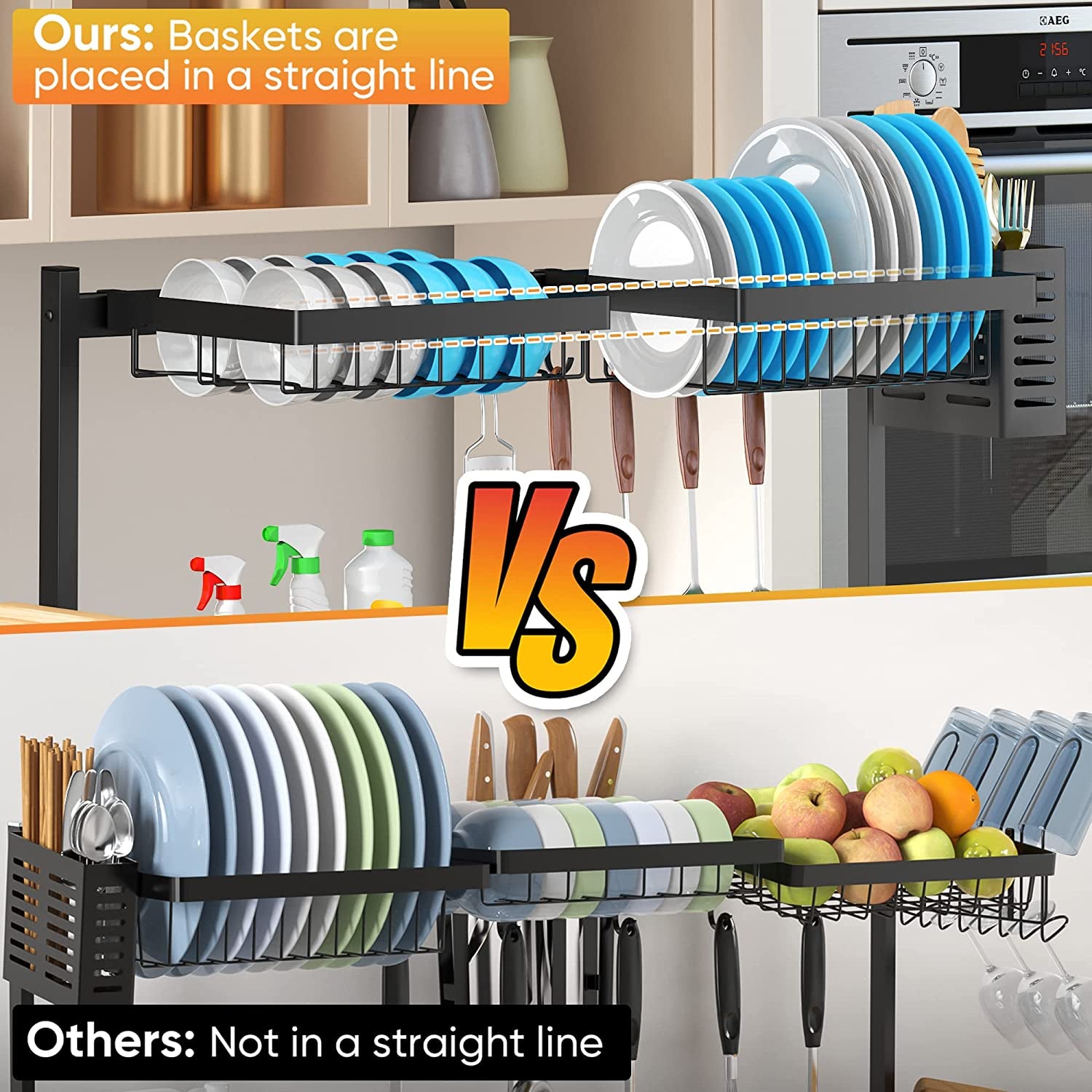 PUSDON Over Sink Dish Drying Rack Stainless Steel, Adjustable Large Dish Drainer for Storage Kitchen Organization Black 2 Tier