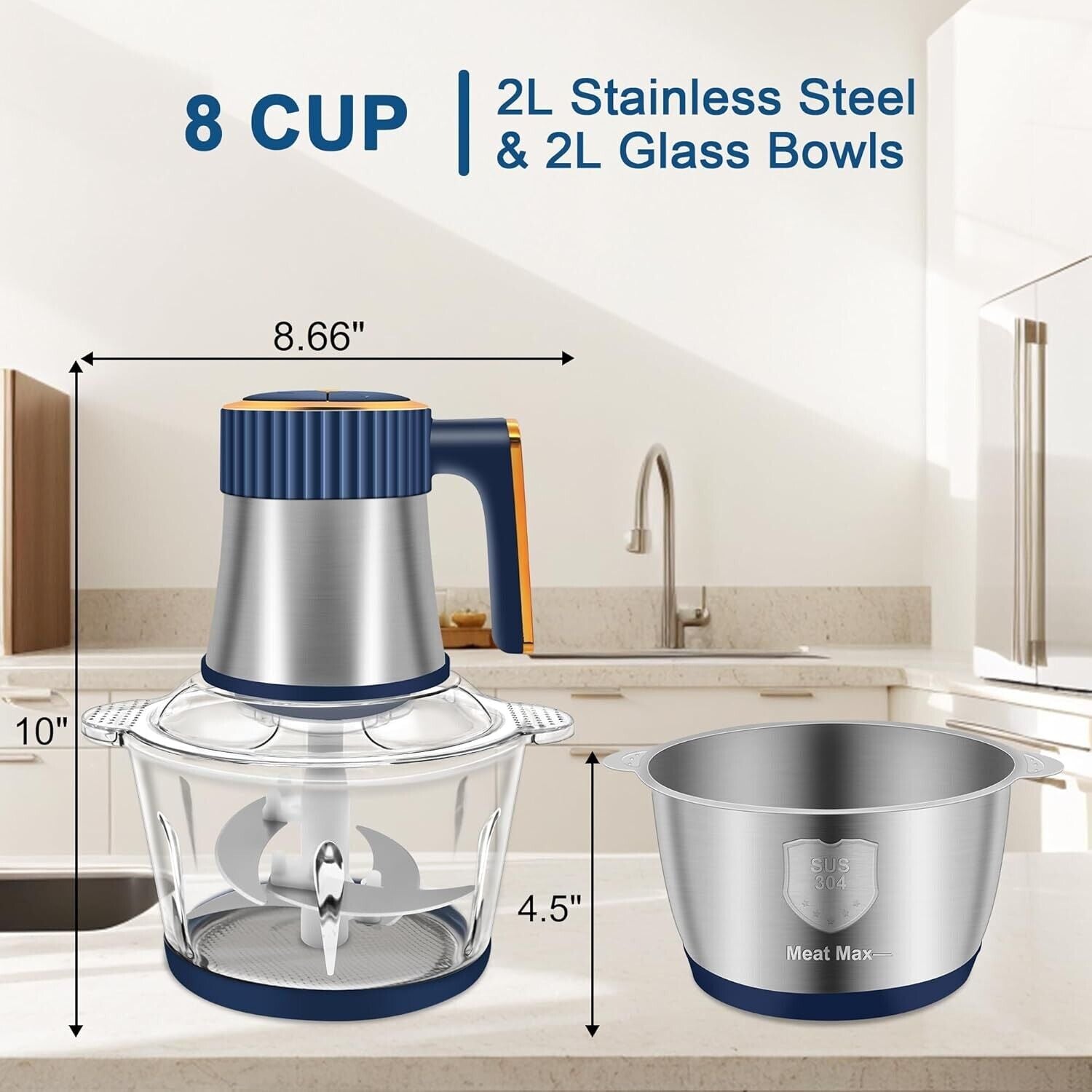 Food Processor Meat Grinder Electric Food Chopper with 2 Bowls Stainless Steel
