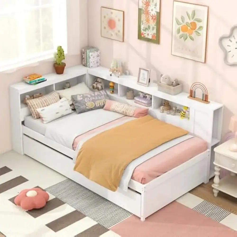 Twin daybed with trundle and storage in a cozy bedroom. Features a reversible bookcase headboard, wooden slats, and bedside shelves for organization.