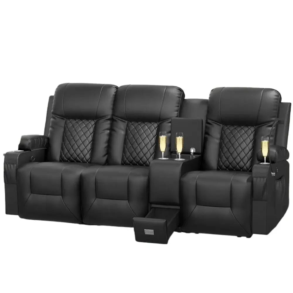 3 Seat Recliner Sofa with storage console, USB ports, and cup holders. Large reclining sofa in black leather with quilted accents, ideal for comfort and convenience.