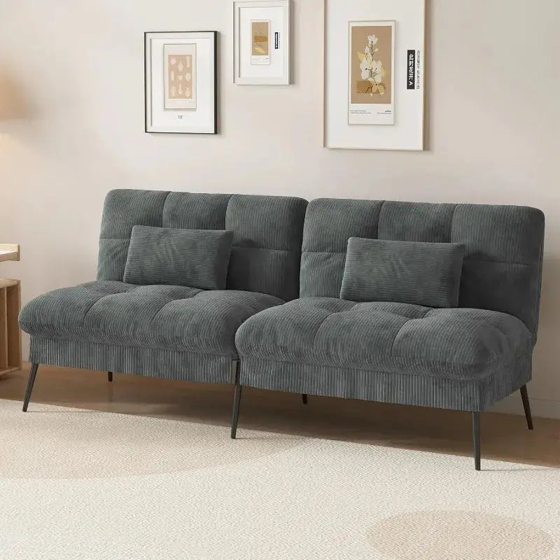 Convertible futon sofa bed with 68-inch corduroy upholstery in dark gray. Features an adjustable backrest and foldable design, perfect for small spaces.