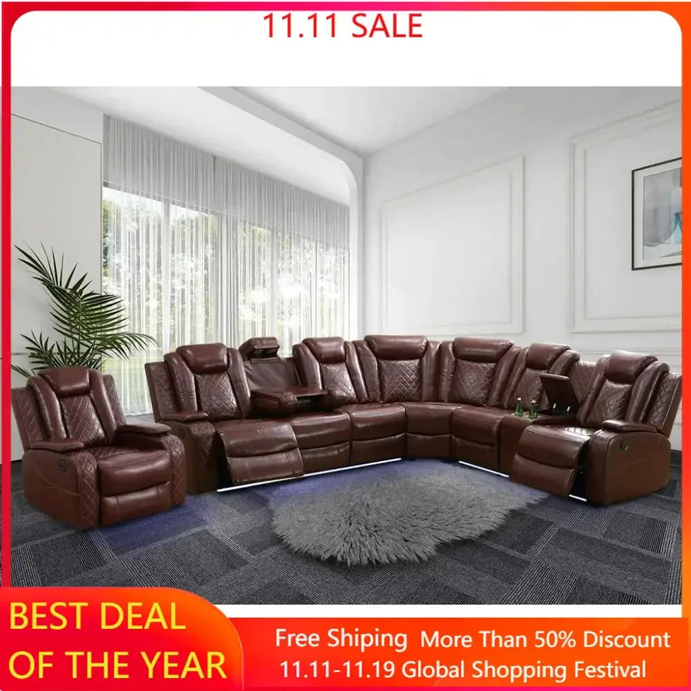 Leather reclining sectional sofa with power recliners, LED lighting, and built-in storage. Features wireless charging, reading lamps, and cup holders for ultimate comfort.