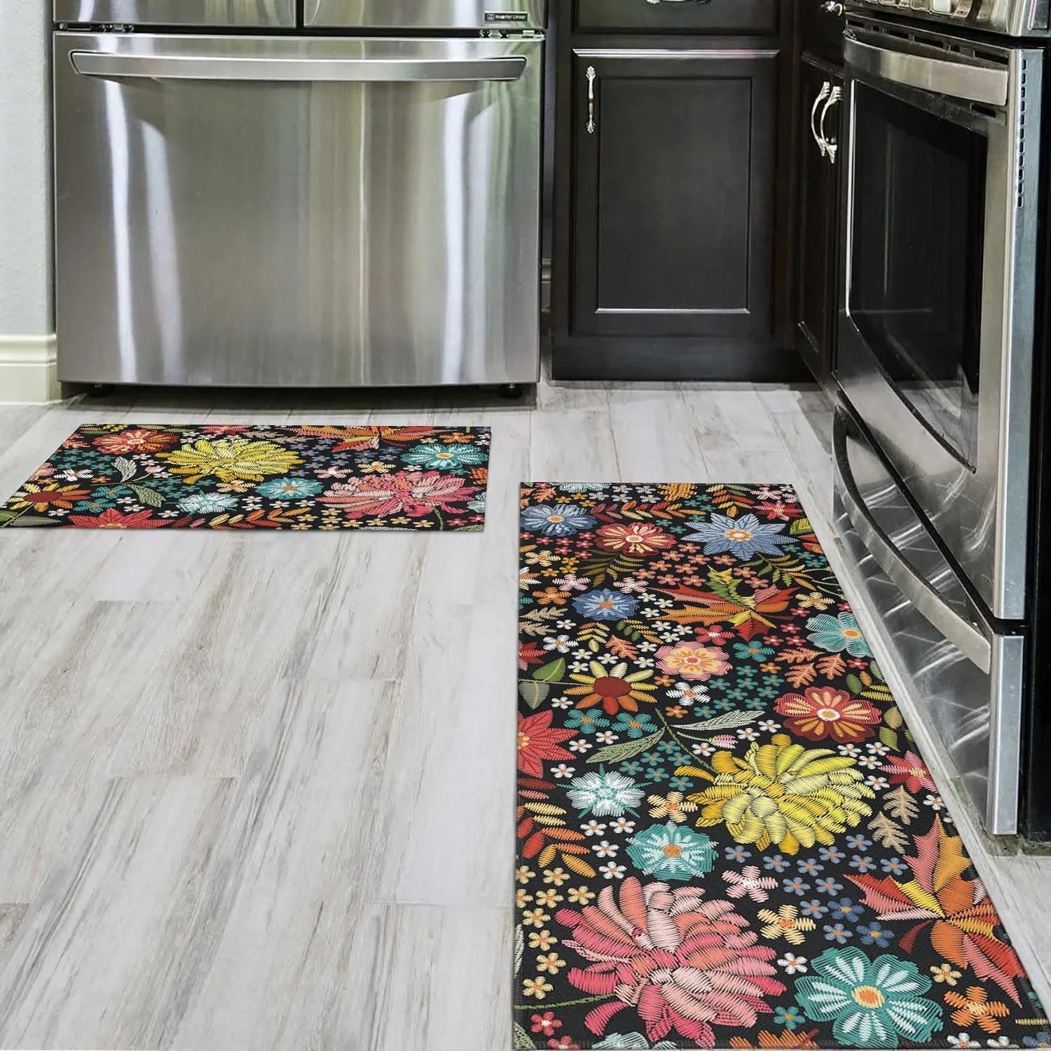 Boho Floral Kitchen Rug Mat Set of 2 Washable Non Slip Mats