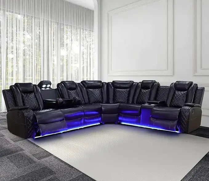 Leather reclining sectional sofa with power recliners, LED lighting, and built-in storage. Features wireless charging, reading lamps, and cup holders for ultimate comfort.