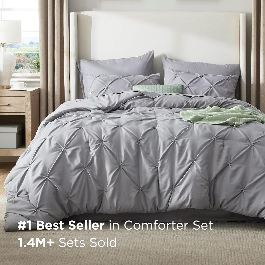 Bedsure Queen Comforter Set Grey - Bed in a Bag Queen Size 7 Pieces, GentleSoft™ Pintuck Bed Set Gift for Family, Pinch Pleat Grey Comforter with Sheets, Pillowcases & Shams