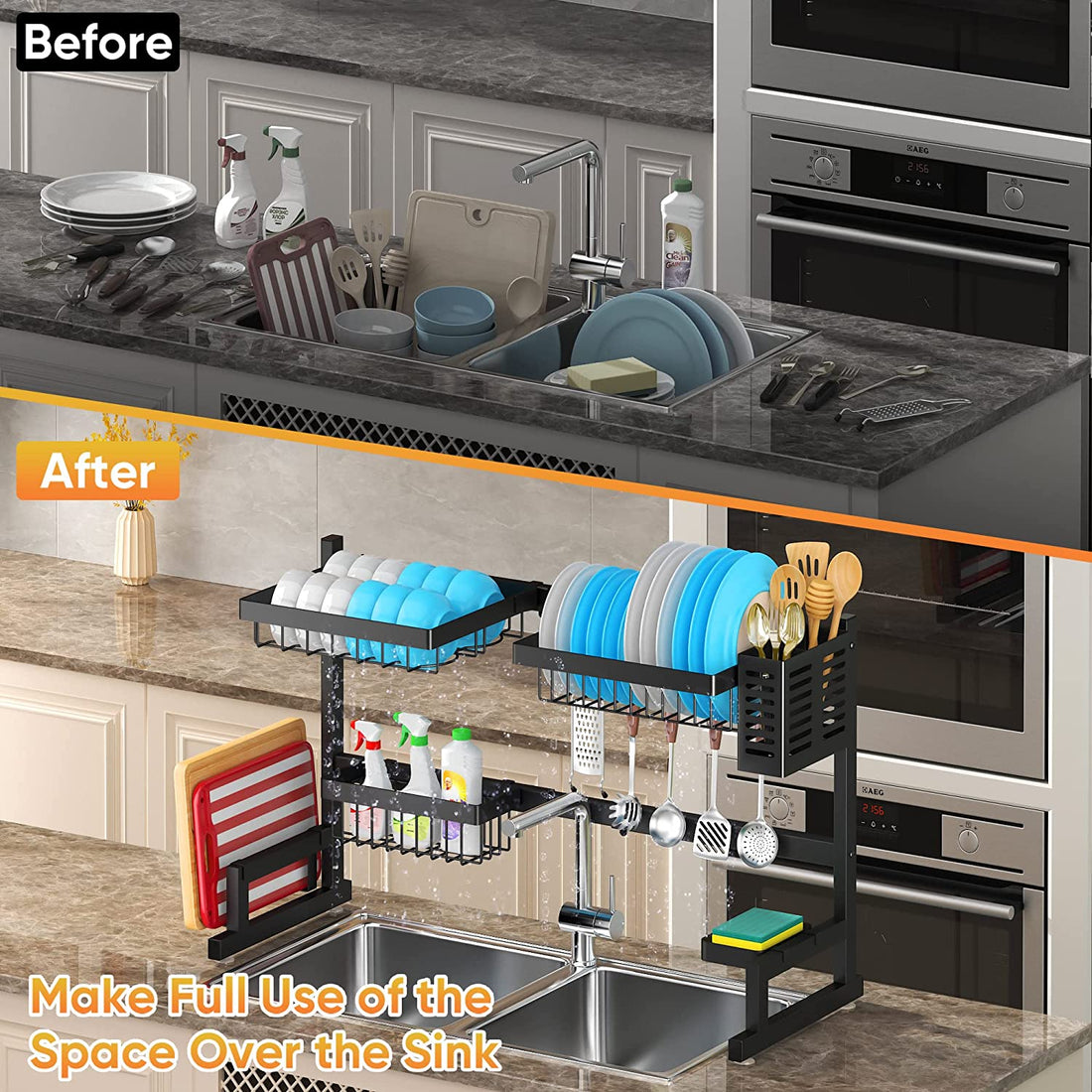 PUSDON Over Sink Dish Drying Rack Stainless Steel, Adjustable Large Dish Drainer for Storage Kitchen Organization Black 2 Tier