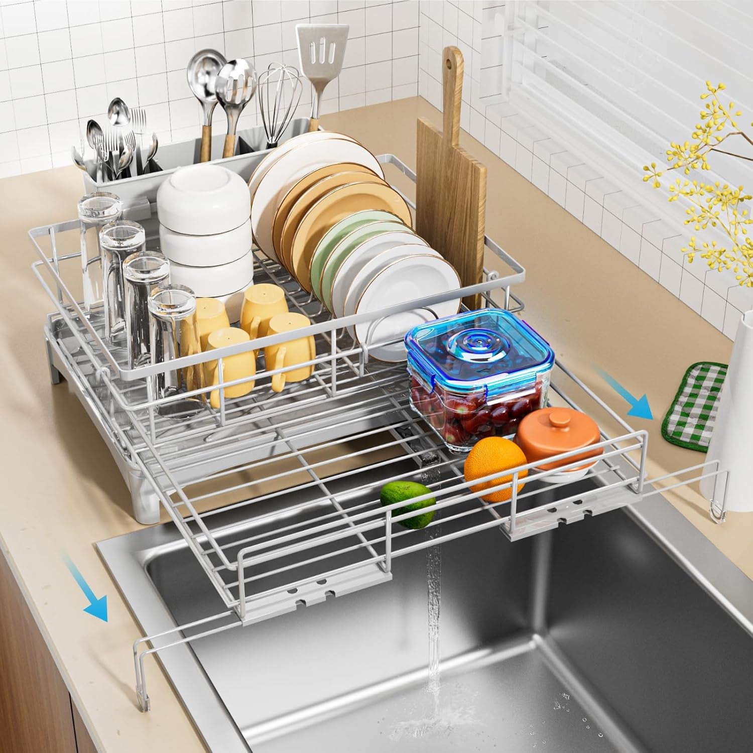 Dish Drying Rack - Expandable Rack, Large Capacity Dish Drainer for Kitchen Counter, Rust-Proof with Utensil Holder