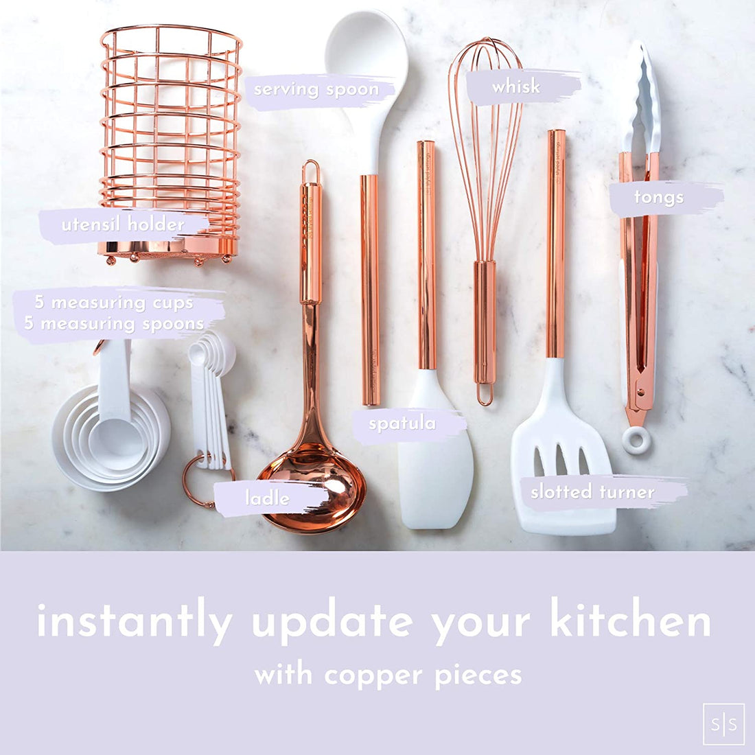 White Silicone and Copper Kitchen Utensils Set with Holder - 17-Piece Rose Gold Cooking Tools for Nonstick Cookware