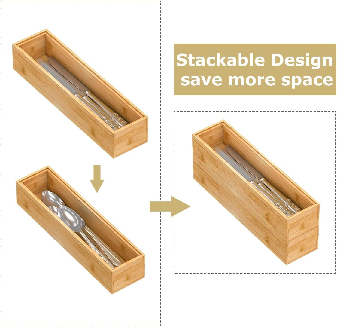 Bamboo Drawer Organizer Storage Box Kitchen - Wood Stackable Tray Set of 2 (12x3x2 inch)