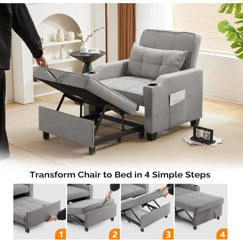 Convertible sleeper chair bed in gray fabric with adjustable recliner, USB ports, and cup holders. Easily transforms into a bed in four steps.