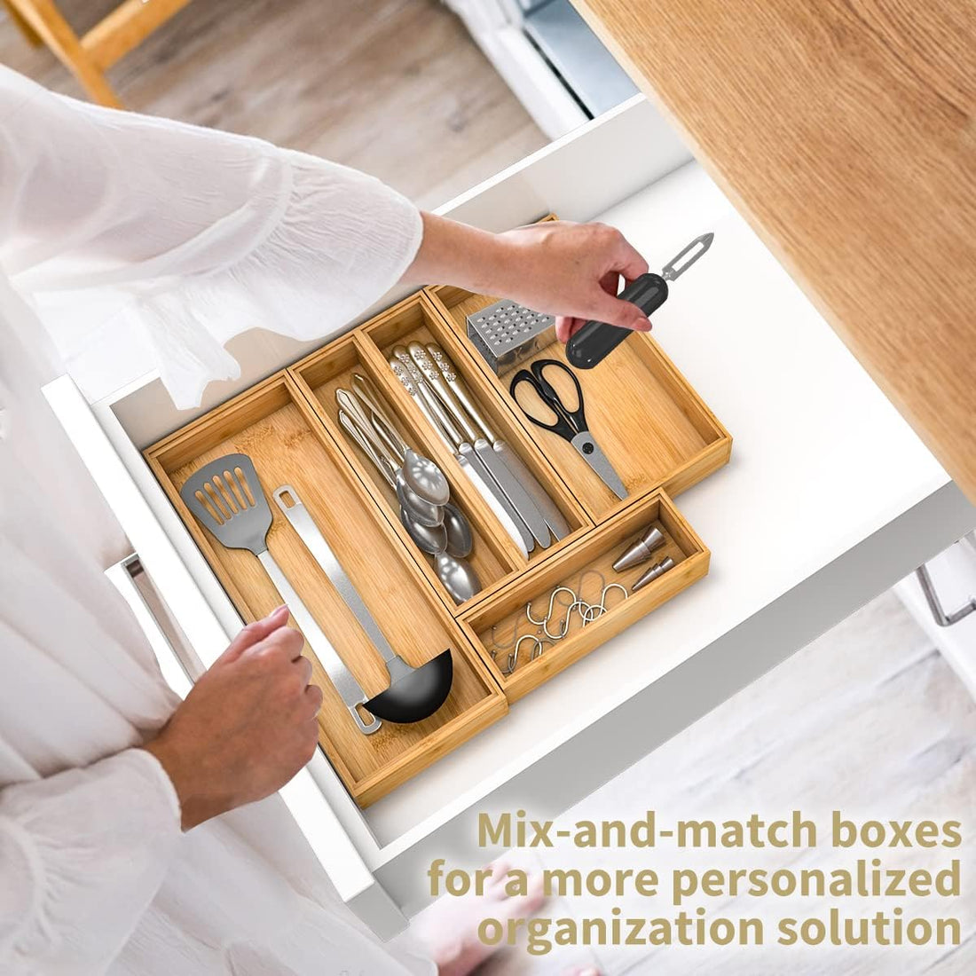 Bamboo Drawer Organizer Storage Box Kitchen - Wood Stackable Tray Set of 2 (12x3x2 inch)
