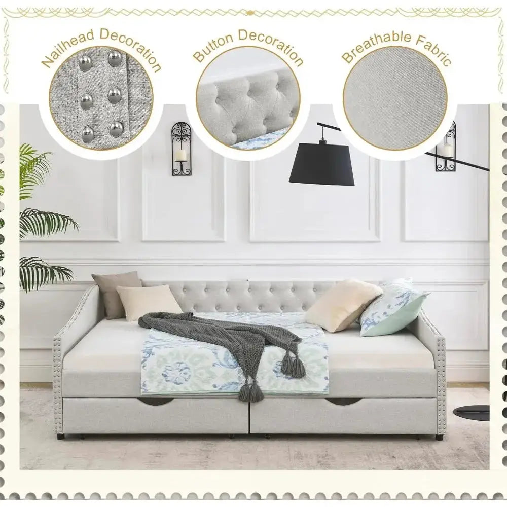 Wood Queen Day Bed Frame with upholstered sofa bed design, featuring two spacious storage drawers and a button-tufted headboard. Sturdy and stylish, no box spring needed.