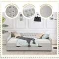 Wood Queen Day Bed Frame with upholstered sofa bed design, featuring two spacious storage drawers and a button-tufted headboard. Sturdy and stylish, no box spring needed.
