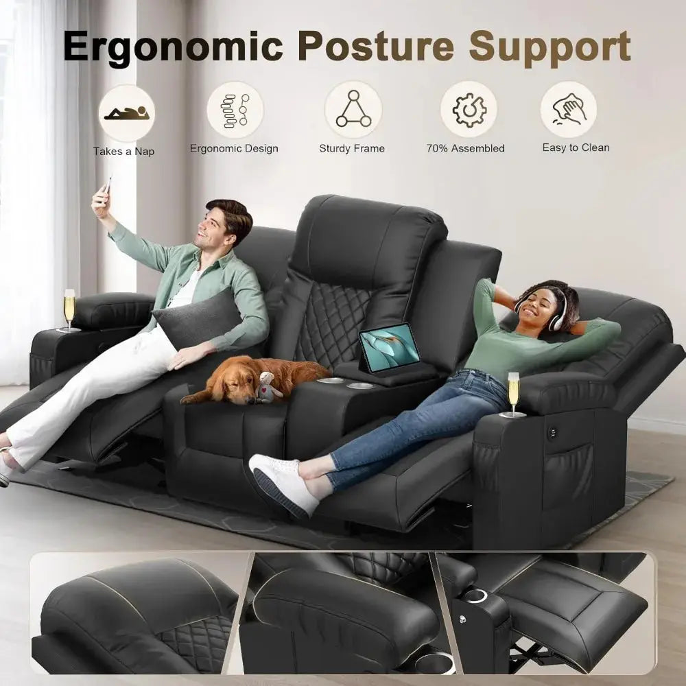 3 Seat Recliner Sofa with storage console, USB ports, and cup holders. Large reclining sofa in black leather with quilted accents, ideal for comfort and convenience.