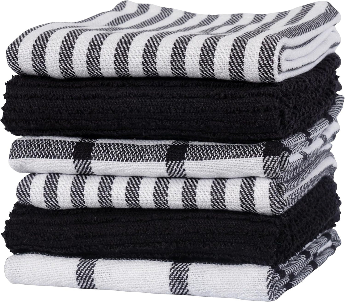 KAF Home Premium Kitchen Towels (18" x 28"), Large 100% Cotton, Flat & Terry Absorbent Dish Towel Set (Black, 6 Pack)