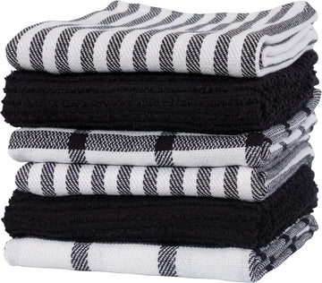 KAF Home Premium Kitchen Towels (18" x 28"), Large 100% Cotton, Flat & Terry Absorbent Dish Towel Set (Black, 6 Pack)