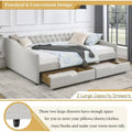 Wood Queen Day Bed Frame with upholstered sofa bed design, featuring two spacious storage drawers and a button-tufted headboard. Sturdy and stylish, no box spring needed.