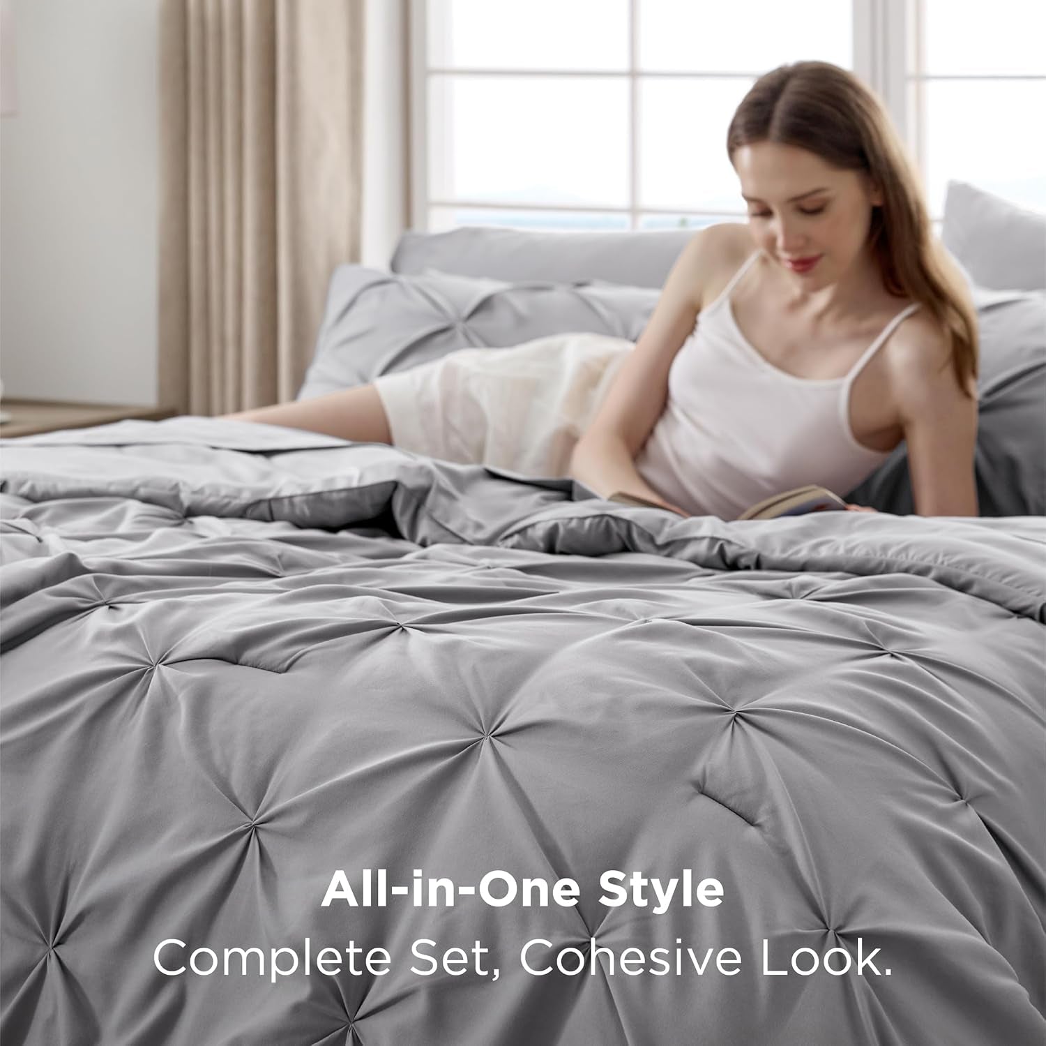 Bedsure Queen Comforter Set Grey - Bed in a Bag Queen Size 7 Pieces, GentleSoft™ Pintuck Bed Set Gift for Family, Pinch Pleat Grey Comforter with Sheets, Pillowcases & Shams