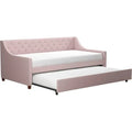 Twin upholstery daybed in mid-century style with diamond-tufted backrest and sturdy wooden legs. Features a pull-out trundle for extra sleeping space.