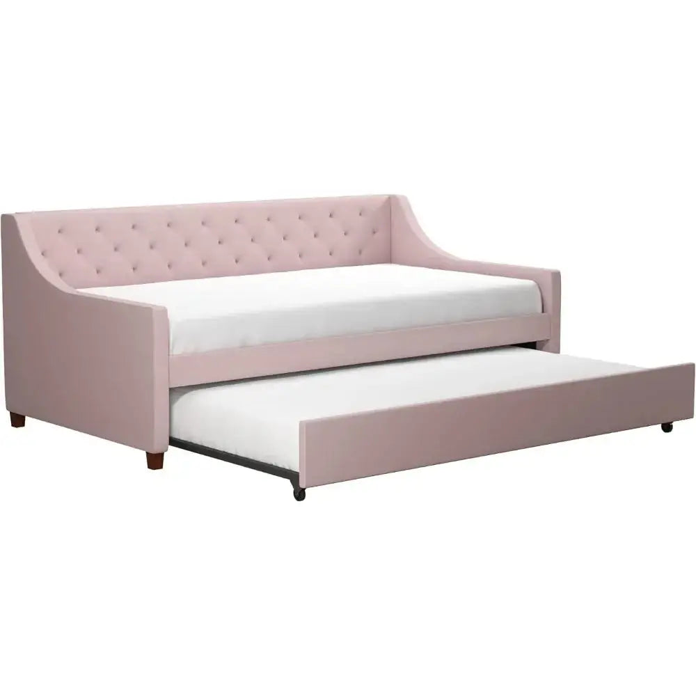 Twin upholstery daybed in mid-century style with diamond-tufted backrest and sturdy wooden legs. Features a pull-out trundle for extra sleeping space.