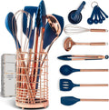 White Silicone and Copper Kitchen Utensils Set with Holder - 17-Piece Rose Gold Cooking Tools for Nonstick Cookware
