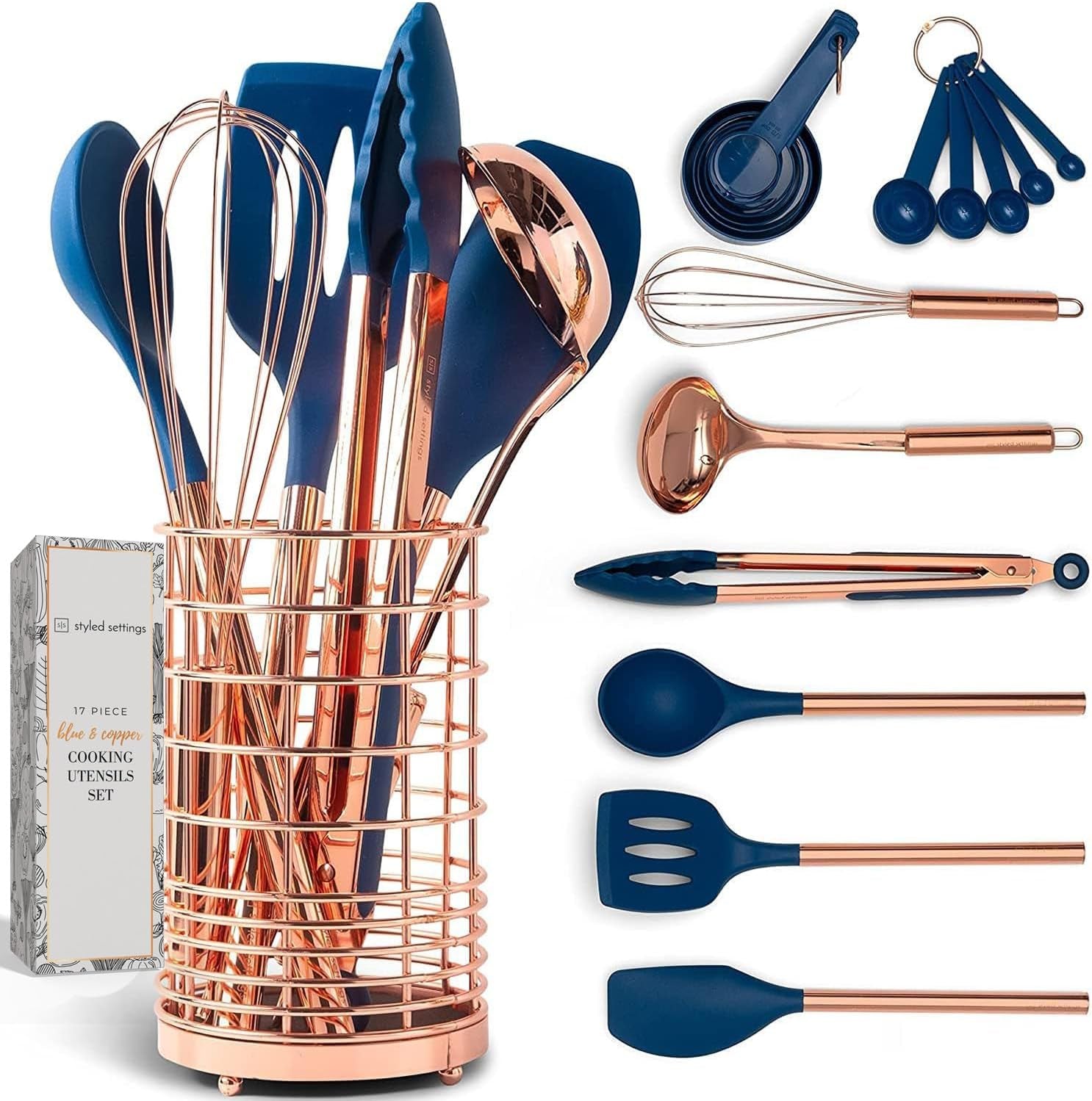 White Silicone and Copper Kitchen Utensils Set with Holder - 17-Piece Rose Gold Cooking Tools for Nonstick Cookware