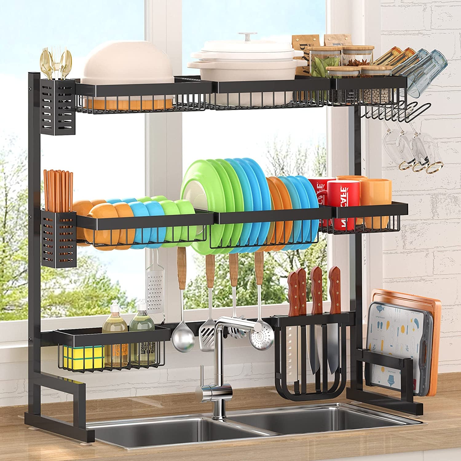 PUSDON Over Sink Dish Drying Rack Stainless Steel, Adjustable Large Dish Drainer for Storage Kitchen Organization Black 2 Tier