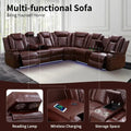 Leather reclining sectional sofa with power recliners, LED lighting, and built-in storage. Features wireless charging, reading lamps, and cup holders for ultimate comfort.