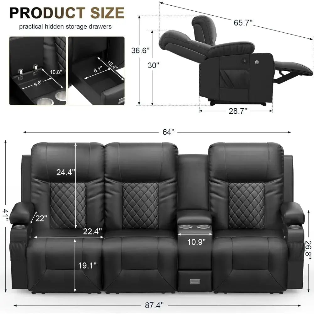 3 Seat Recliner Sofa with storage console, USB ports, and cup holders. Large reclining sofa in black leather with quilted accents, ideal for comfort and convenience.