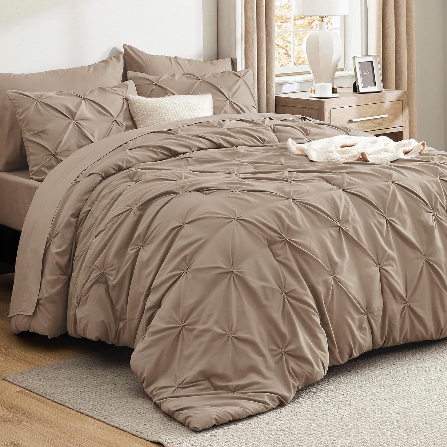 Bedsure Queen Comforter Set Grey - Bed in a Bag Queen Size 7 Pieces, GentleSoft™ Pintuck Bed Set Gift for Family, Pinch Pleat Grey Comforter with Sheets, Pillowcases & Shams