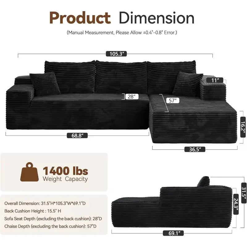 104-inch Cloud Sectional Couch with comfy chaise in a minimalist living room. Plush, boneless L-shape sofa with deep seating and modular design.