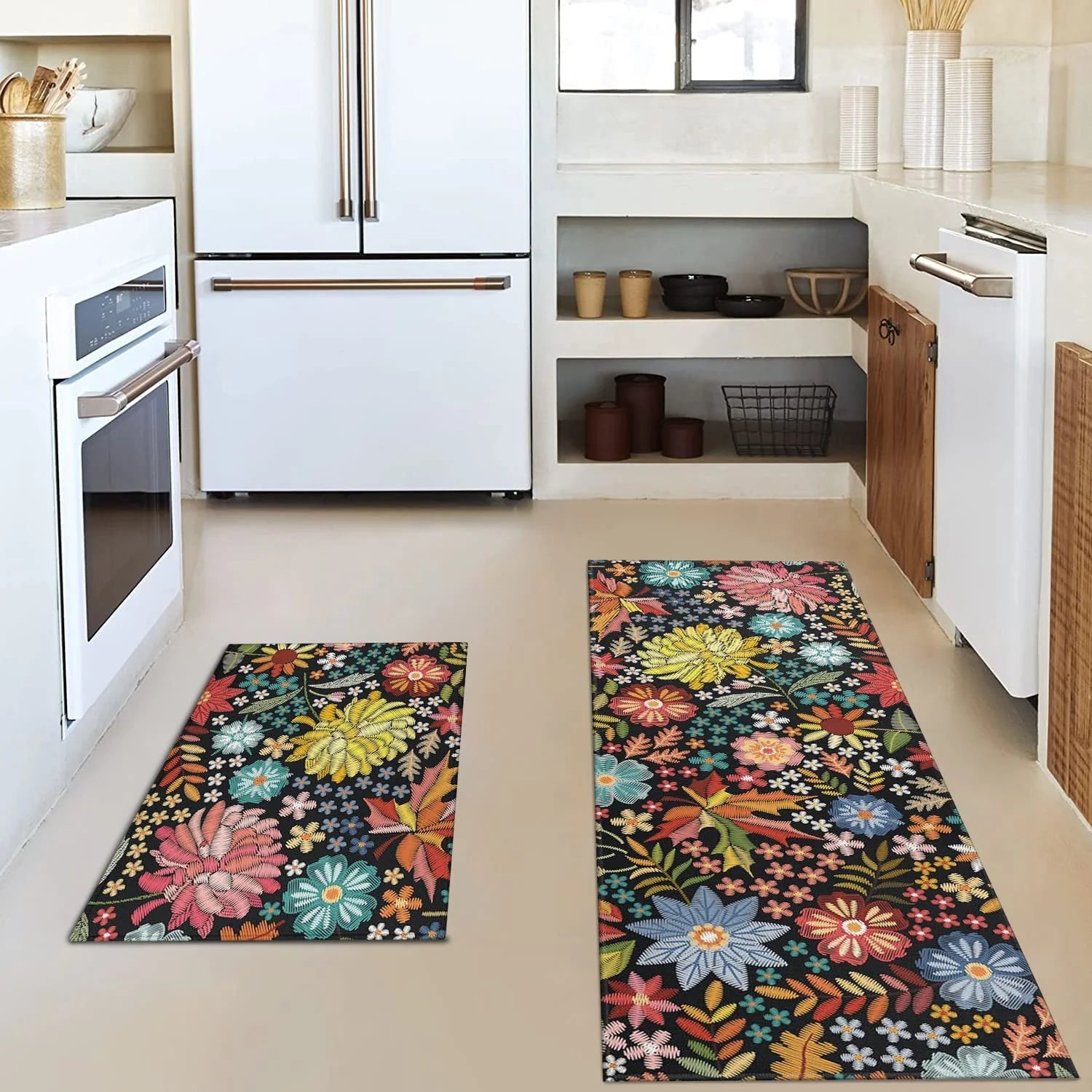 Boho Floral Kitchen Rug Mat Set of 2 Washable Non Slip Mats