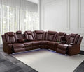 Leather reclining sectional sofa with power recliners, LED lighting, and built-in storage. Features wireless charging, reading lamps, and cup holders for ultimate comfort.