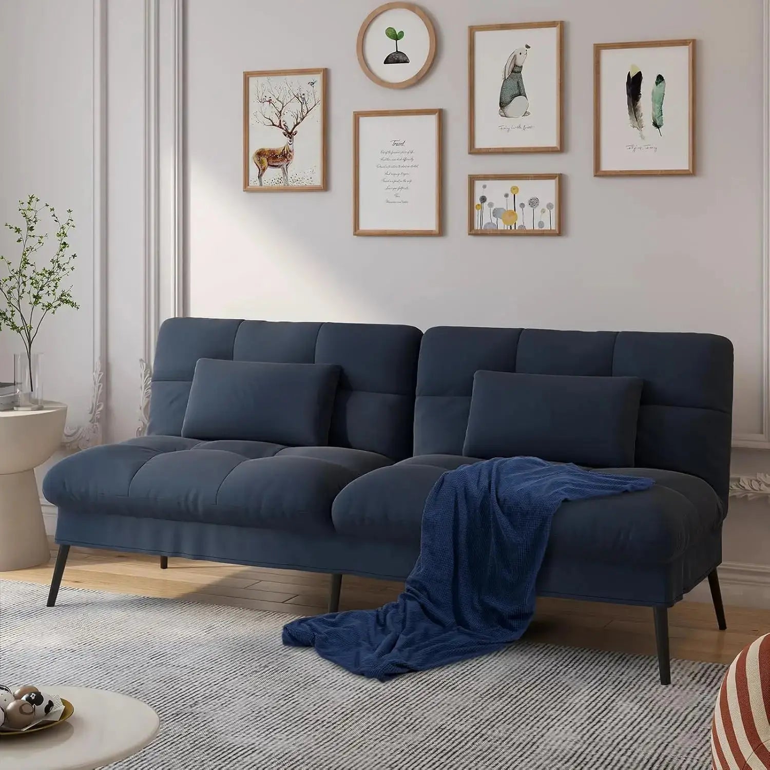 Convertible futon sofa bed with 68-inch corduroy upholstery in dark gray. Features an adjustable backrest and foldable design, perfect for small spaces.