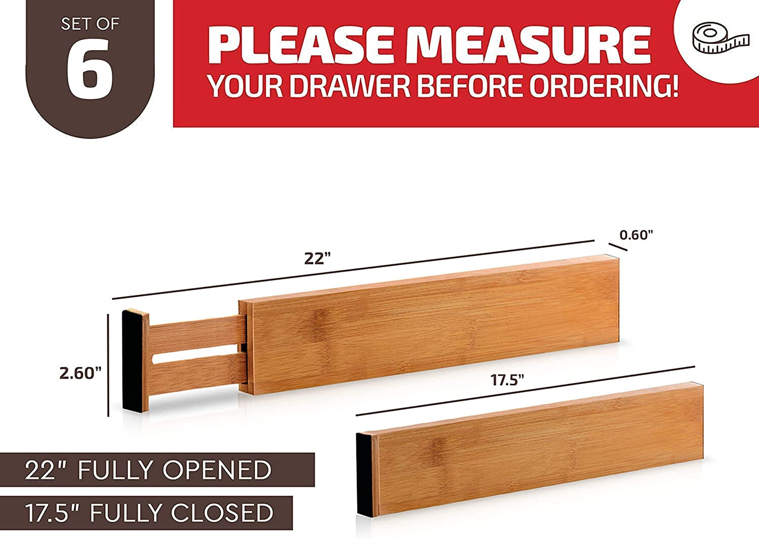 Large Kitchen Drawer Organizer - Expandable Bamboo Drawer Dividers (17" - 21.5")