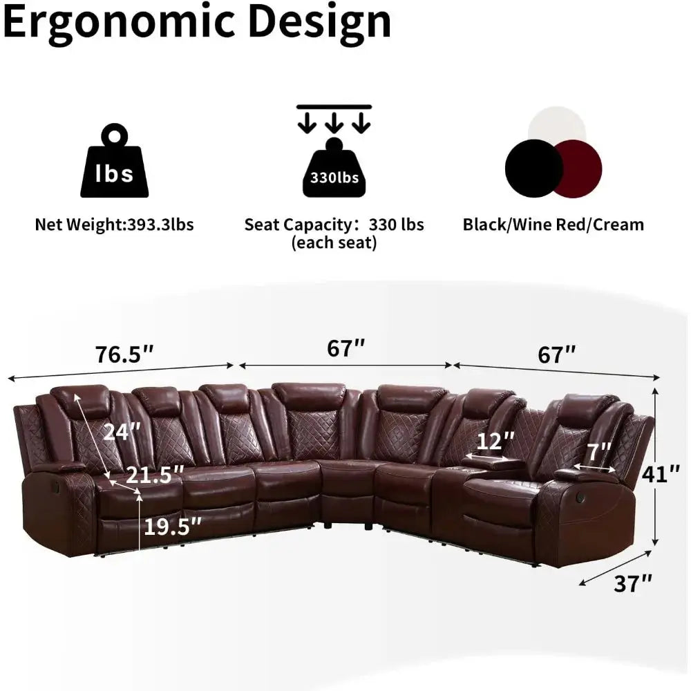 Leather reclining sectional sofa with power recliners, LED lighting, and built-in storage. Features wireless charging, reading lamps, and cup holders for ultimate comfort.