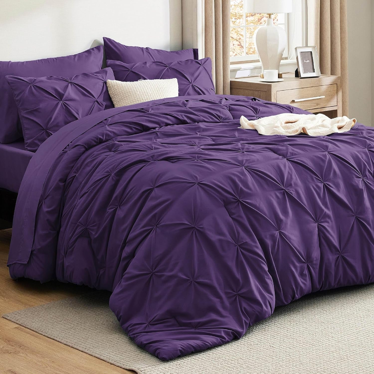 Bedsure Queen Comforter Set Grey - Bed in a Bag Queen Size 7 Pieces, GentleSoft™ Pintuck Bed Set Gift for Family, Pinch Pleat Grey Comforter with Sheets, Pillowcases & Shams