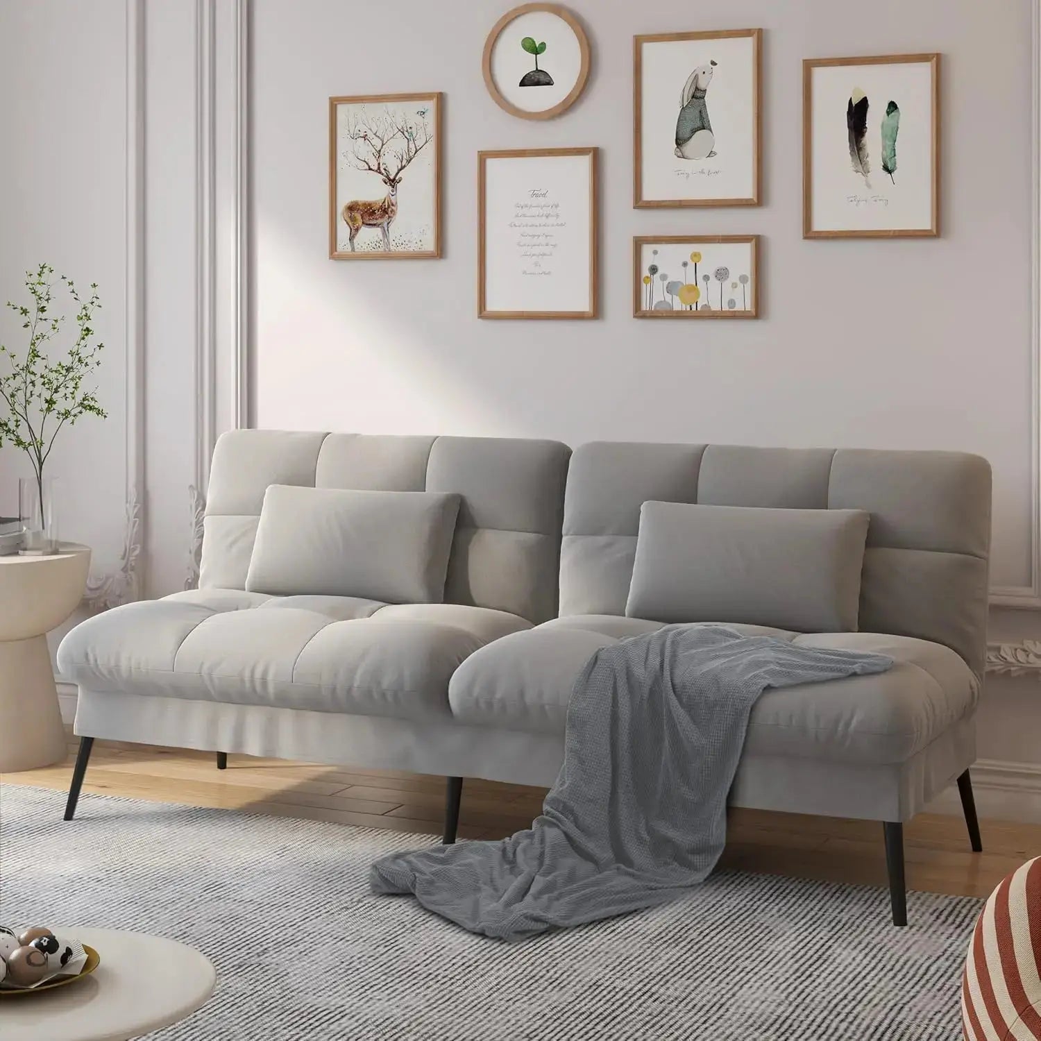 Convertible futon sofa bed with 68-inch corduroy upholstery in dark gray. Features an adjustable backrest and foldable design, perfect for small spaces.