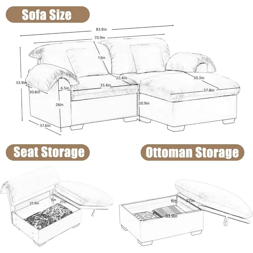 Velvet loveseat sofa with deep seating and storage ottoman in a modern living room. Plush upholstered design offers comfort and style.