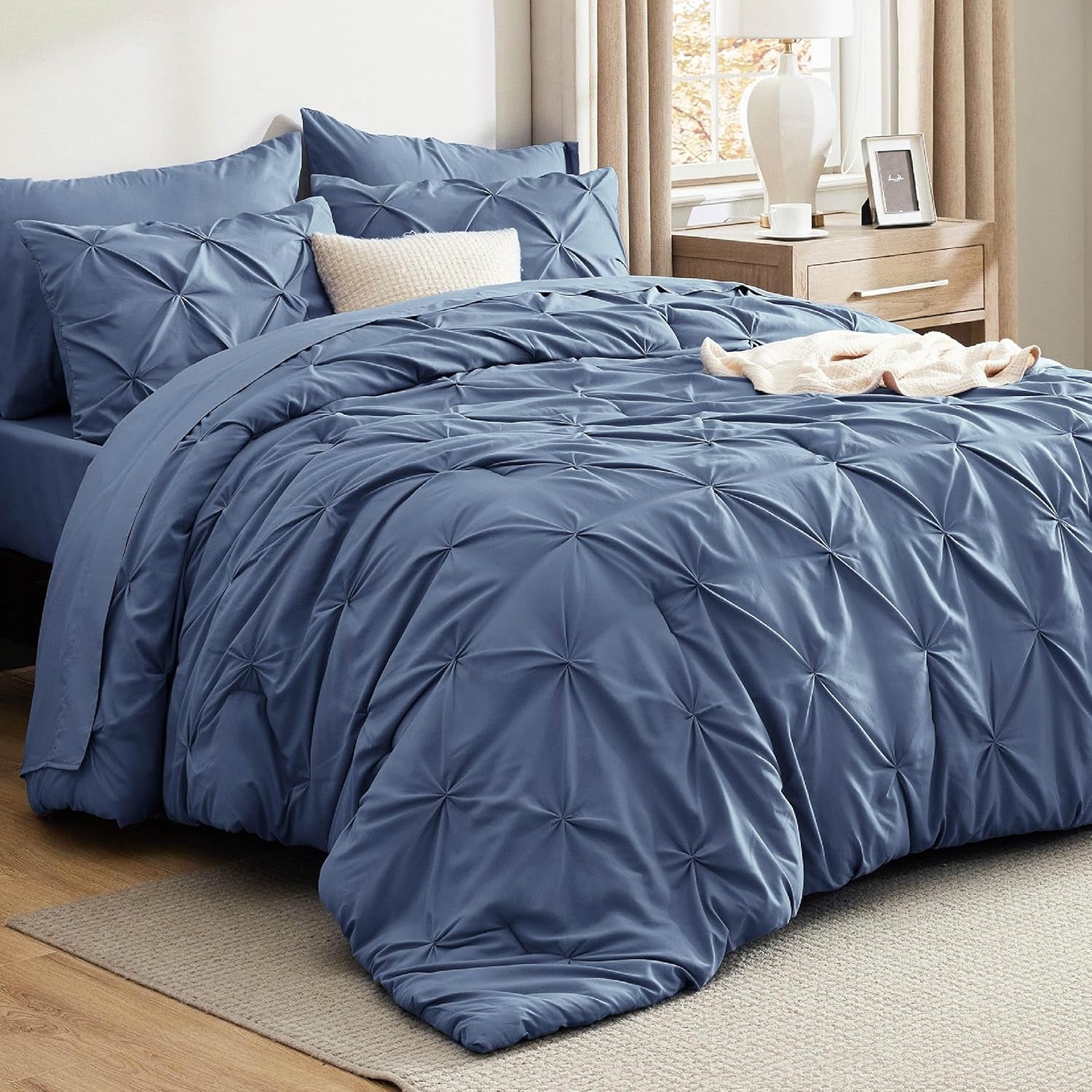 Bedsure Queen Comforter Set Grey - Bed in a Bag Queen Size 7 Pieces, GentleSoft™ Pintuck Bed Set Gift for Family, Pinch Pleat Grey Comforter with Sheets, Pillowcases & Shams