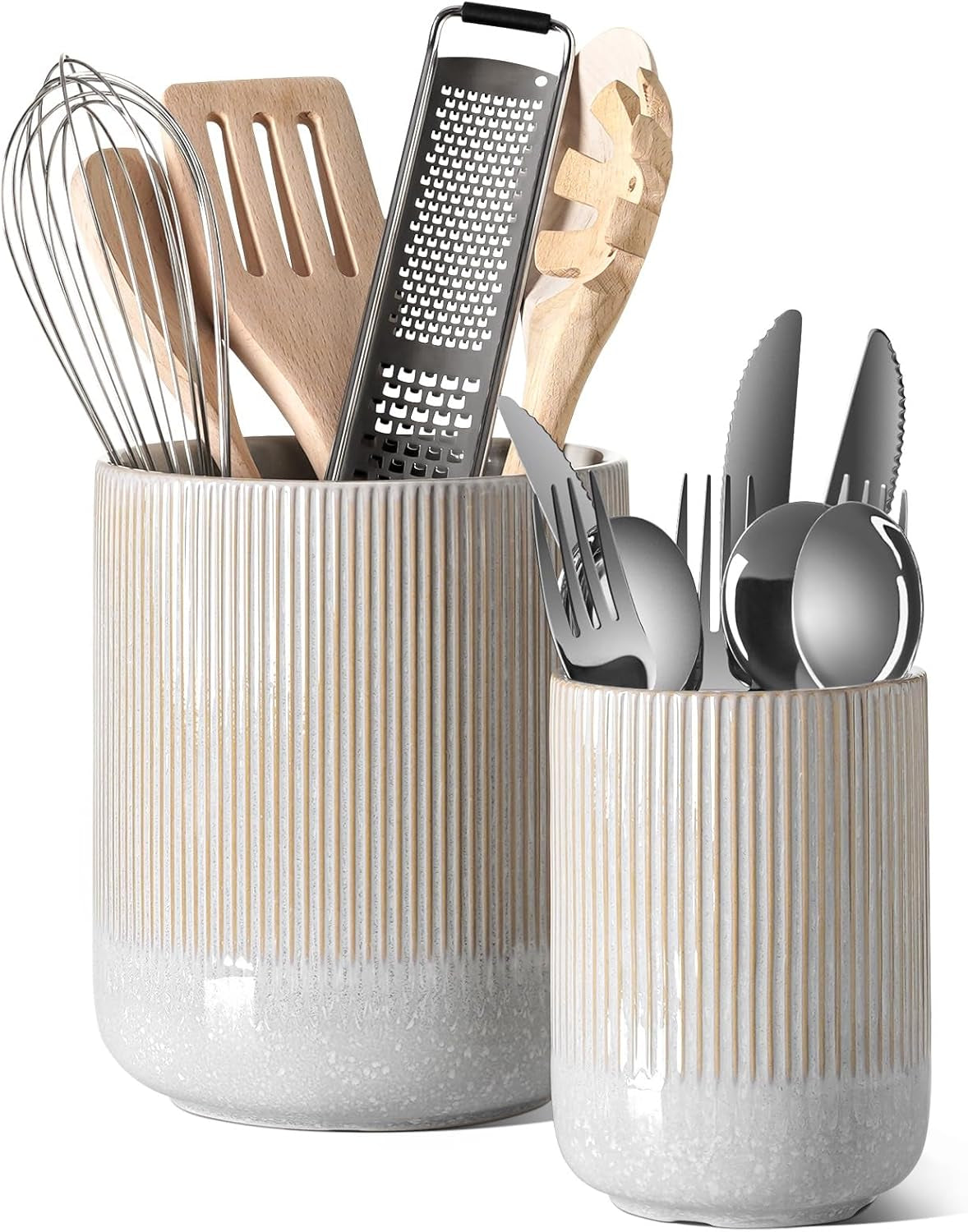 LE TAUCI Utensil Holder, 7.3"+5.4" Ceramic Kitchen Utensil Holder for Countertop