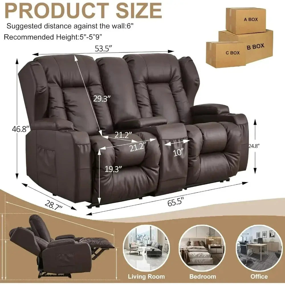 RV recliner sofa wall hugger with theater seating in dark brown leather. Features a center console with cup holders, ideal for RVs and home theaters.