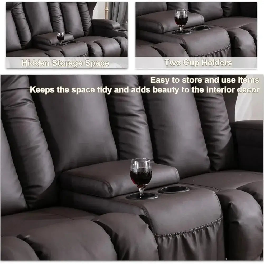 RV recliner sofa wall hugger with theater seating in dark brown leather. Features a center console with cup holders, ideal for RVs and home theaters.