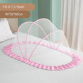 Foldable baby bed with mosquito net and cotton pillows, providing a safe and comfortable sleeping space for infants. Portable design for easy travel.