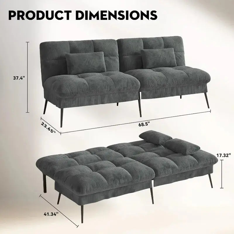 Convertible futon sofa bed with 68-inch corduroy upholstery in dark gray. Features an adjustable backrest and foldable design, perfect for small spaces.