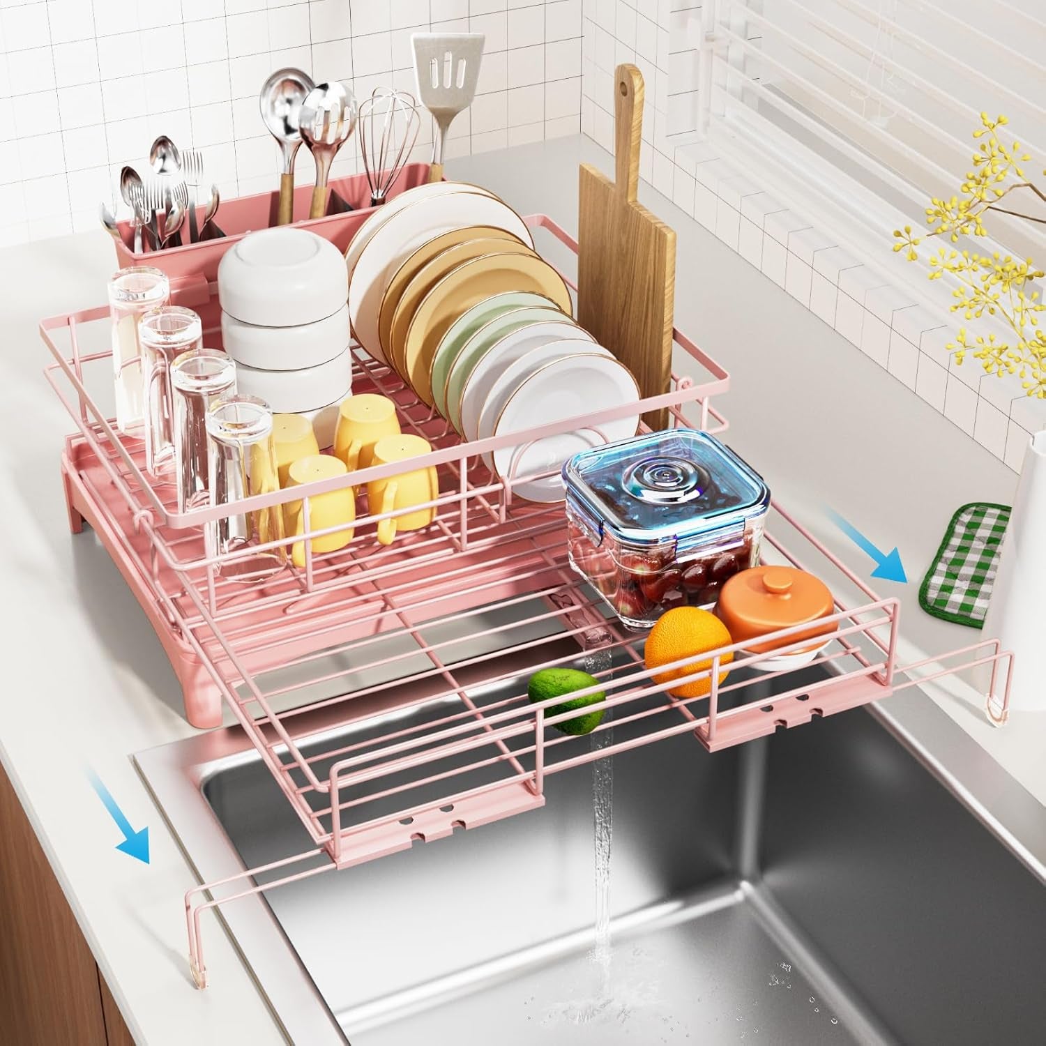Dish Drying Rack - Expandable Rack, Large Capacity Dish Drainer for Kitchen Counter, Rust-Proof with Utensil Holder