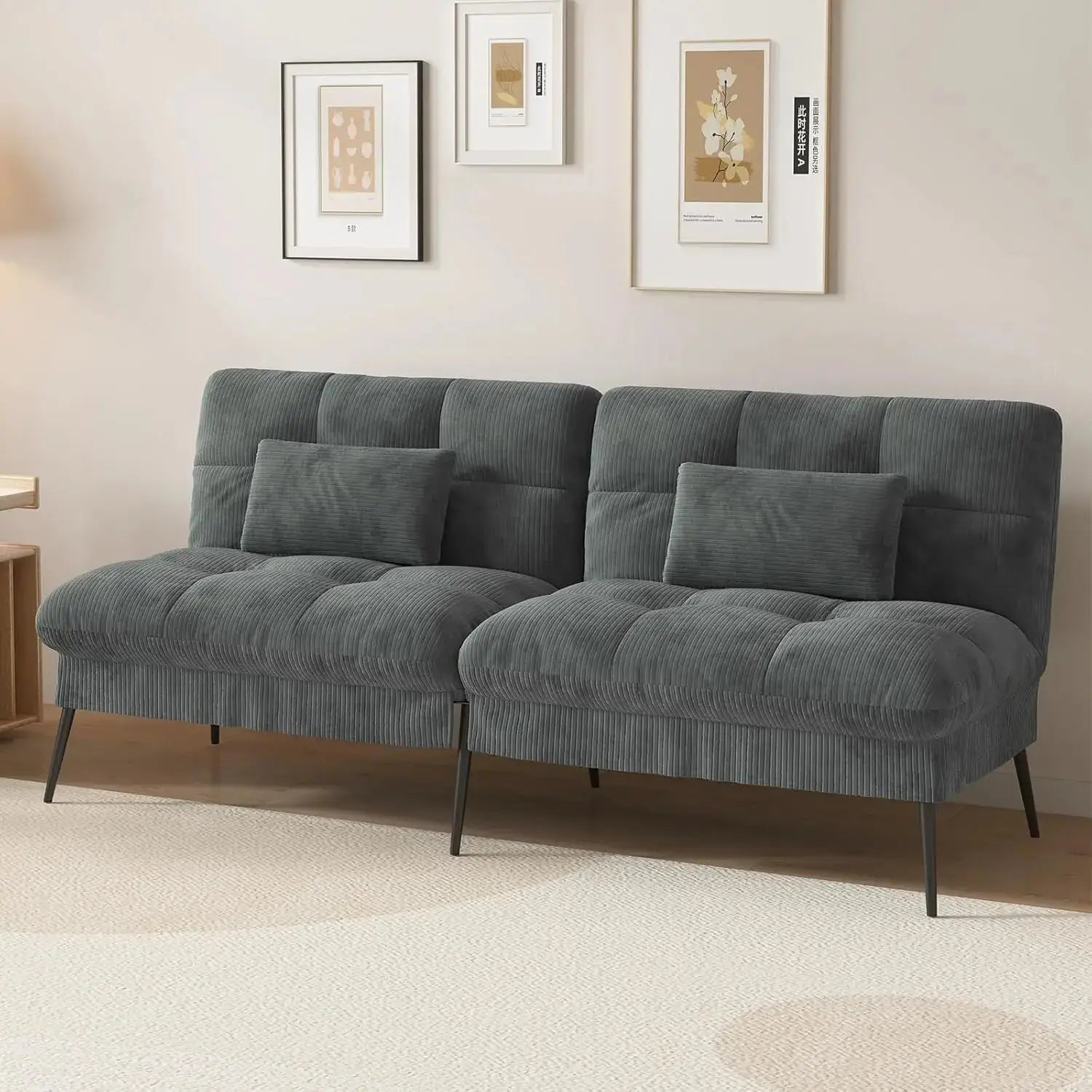 Convertible futon sofa bed with 68-inch corduroy upholstery in dark gray. Features an adjustable backrest and foldable design, perfect for small spaces.