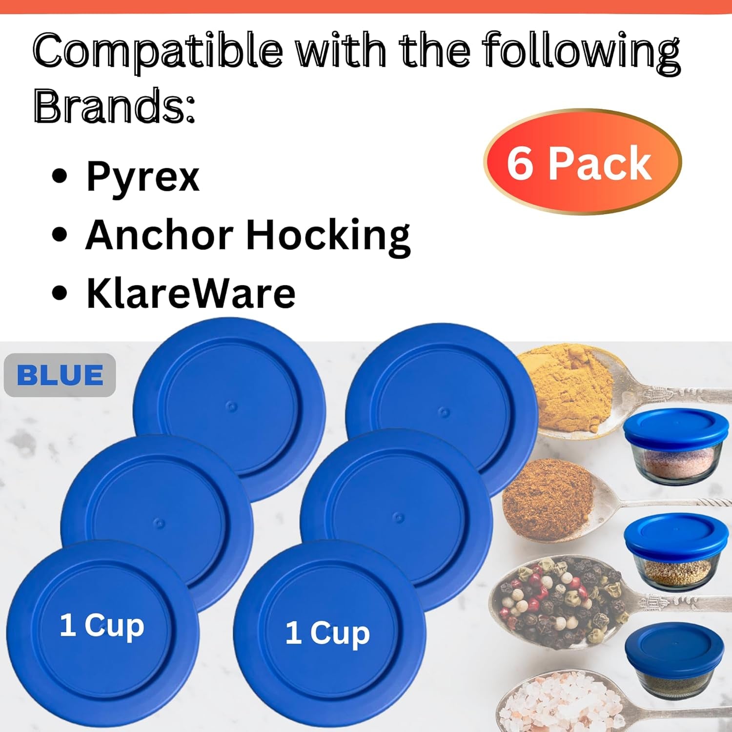 1 Cup/236 mL Blue Replacement Lids/Covers for Pyrex 7202-PC, Anchor Hocking & Klare Ware Storage Bowls *Lids Only - Glass Container Not Included* (6 Pack, Blue)